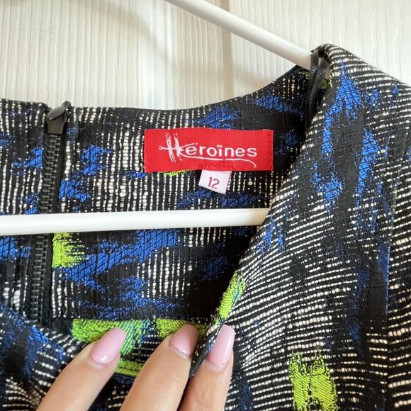 Heroines London Size 12 Dress Abstract Paint Pattern Lime Green Black NWOT $328 - Picture 9 of 9